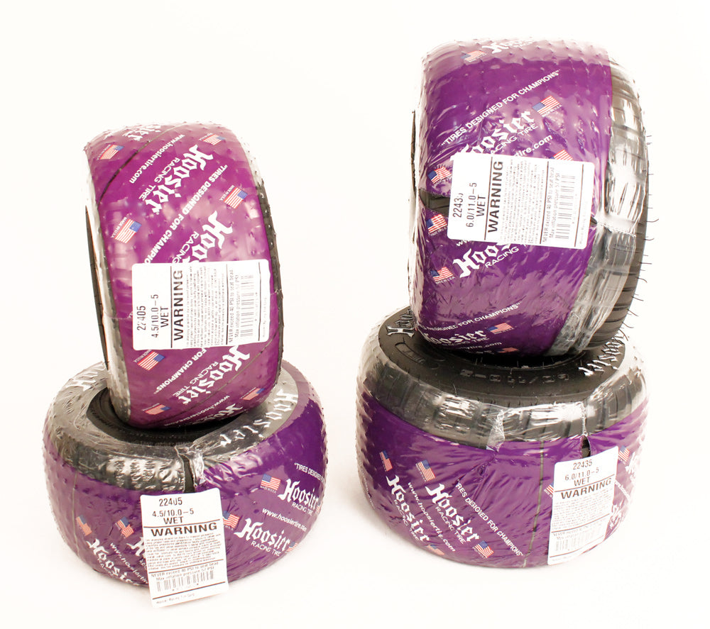 Hoosier Set of Rain Tires in Sizes 10x4.50 - 5 and 11x6.00 - 5 for Wet Conditions